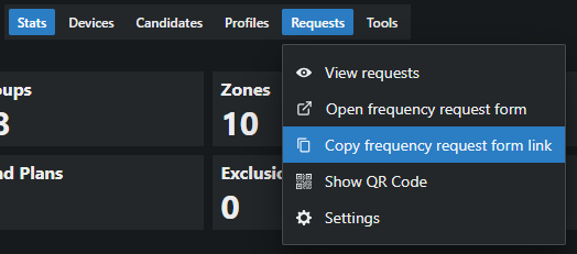 In the Details area, click on Requests > Copy Frequency Requests Form Link…