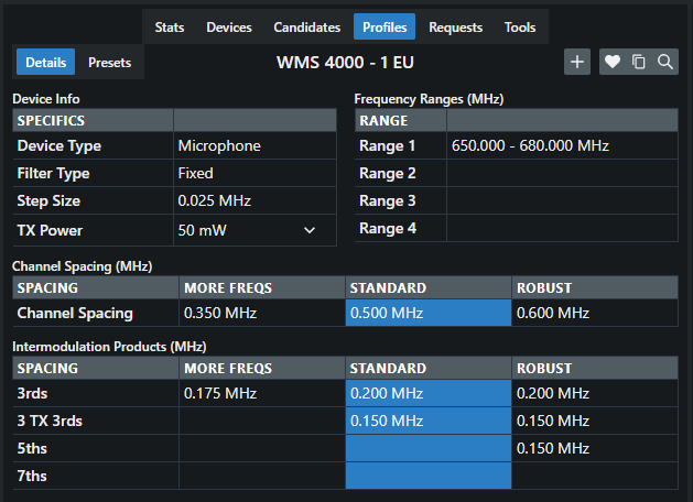 When you select a profile in the calculation area, its details will be displayed here. This information is read-only and